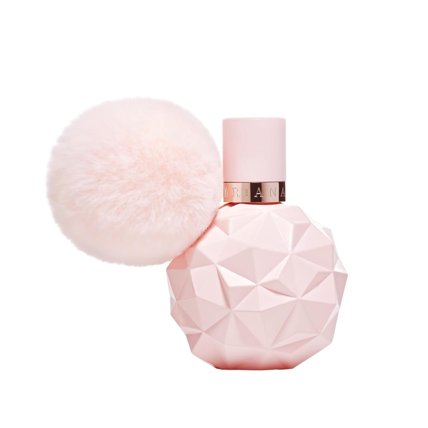 Ariana Grande Sweet Like Candy Eau De Parfum bottle in faceted pink glass with pom pom, fruity gourmand perfume for women