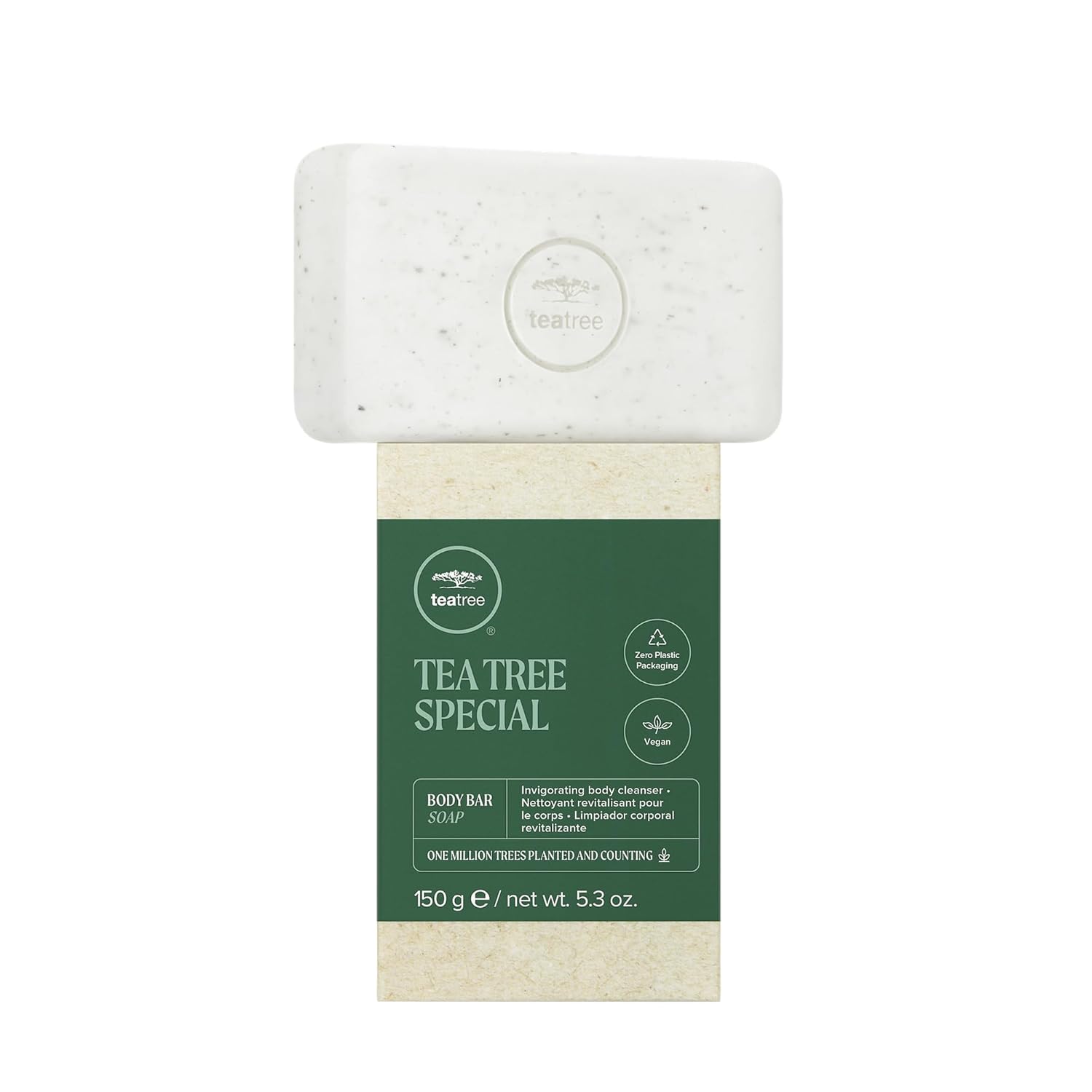 Tea Tree Body Bar Soap with parsley flakes and mint-eucalyptus scent on a bathroom counter